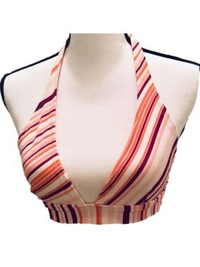Xhiliration White Pink Halter Striped Bikini Top